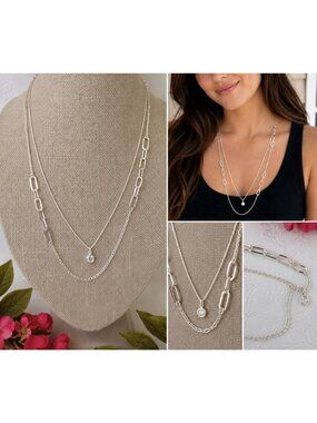 Bijoux Delicates Silvertone 2 Chain Bar Charm Layered Statement 32" Necklace NEW